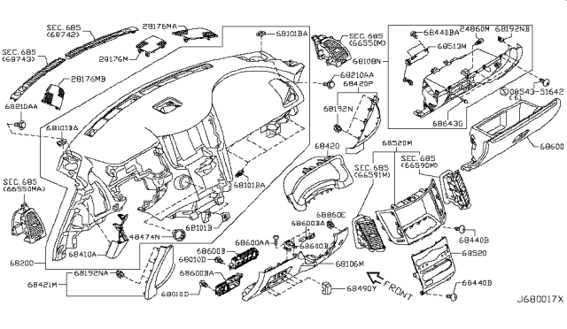 2009 Infiniti FX35 Box Glove Diagram for 68500-1CA1B