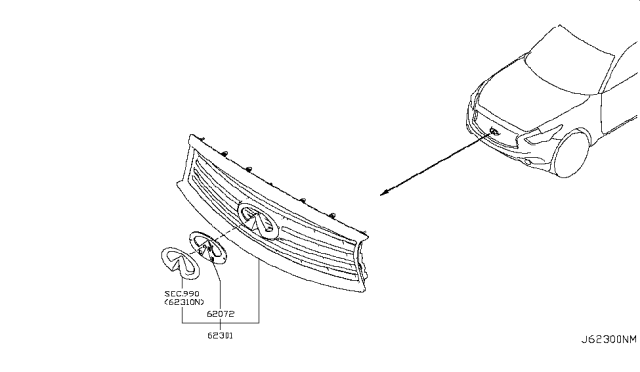 2017 Infiniti QX70 Front Radiator Grille Assembly Diagram for 62070-6WY1B