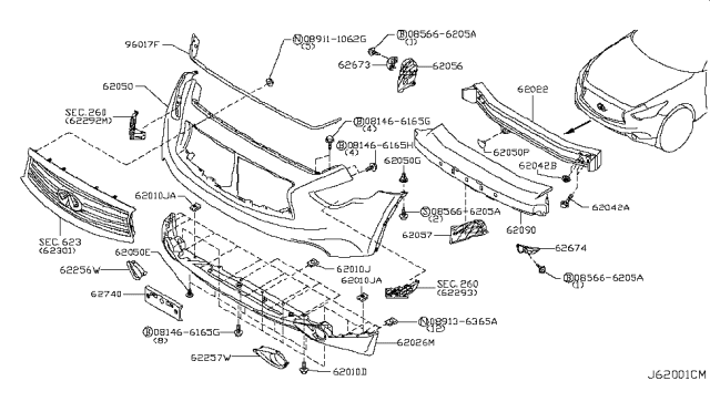 2017 Infiniti QX70 Stiffener-Front Bumper Side,RH Diagram for 62058-1CA0A