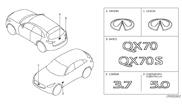 2013 Infiniti FX50 Front Fender Emblem, Left Diagram for 63891-3GW1A