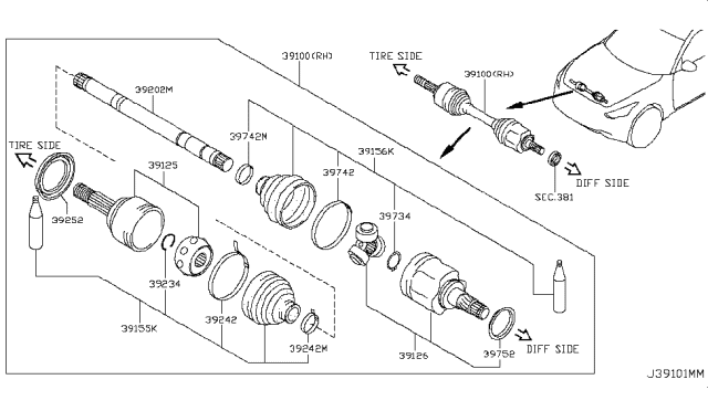 2013 Infiniti FX37 Shaft-Front Drive,RH Diagram for 39204-1CA0A