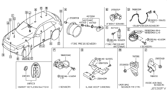 2012 Infiniti FX35 Sonar Sensor Assembly Diagram for 25994-1MA2E