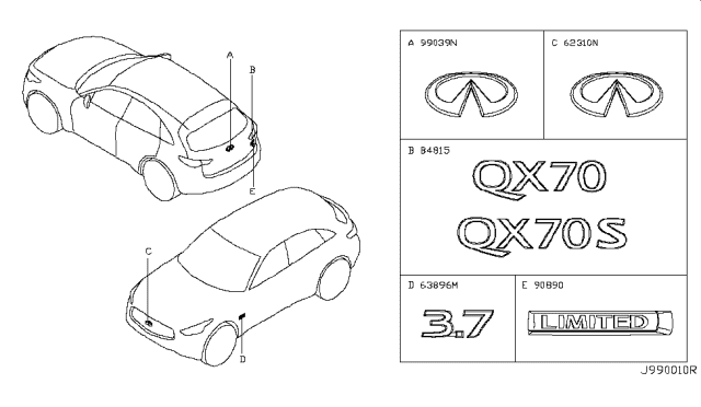 2017 Infiniti QX70 Radiator Grille Emblem Diagram for 62890-3EV0A