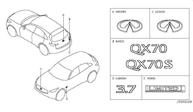 2017 Infiniti QX70 Back Door Emblem Diagram for 90891-1CA0A