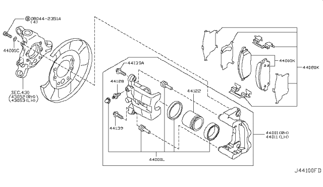 2007 Infiniti G35 CALIPER Assembly-Rear RH,W/O Pads Or SHIMS Diagram for 44001-JK00A