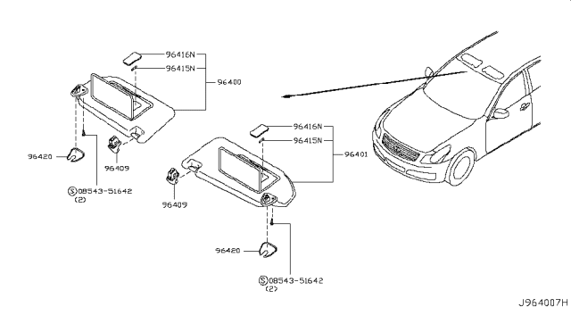 2012 Infiniti G37 Passenger Sun Visor Assembly Diagram for 96400-JK600
