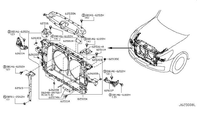 2011 Infiniti G25 Front Apron & Radiator Core Support Diagram