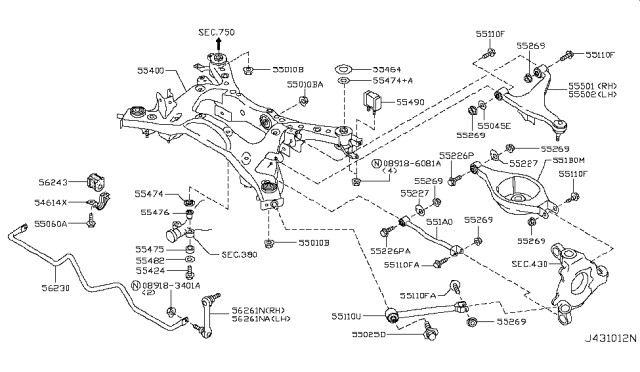 2008 Infiniti G35 Member Complete-Rear Suspension Diagram for 55400-JK00A