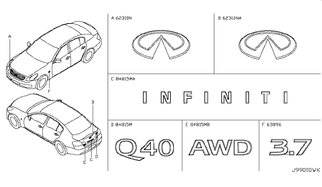 2015 Infiniti Q40 Emblem & Name Label Diagram 1