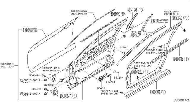 2008 Infiniti G35 Weatherstrip-Front Door,RH Diagram for 80830-JK00B