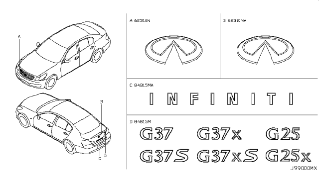 2011 Infiniti G25 Emblem & Name Label Diagram 1