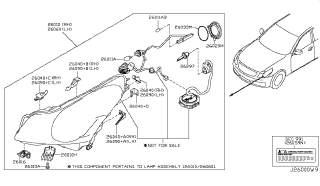 2012 Infiniti G37 Left Headlight Assembly Diagram for 26060-1NM0C