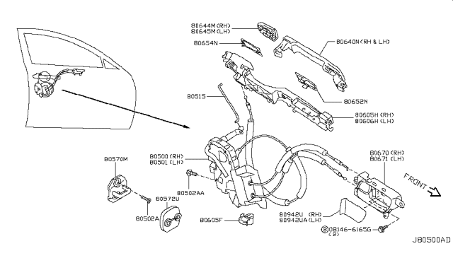 2012 Infiniti G25 Front Door Lock & Remote Control Assembly, Left Diagram for 80501-JK600