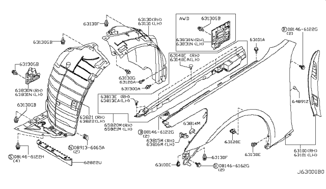 2008 Infiniti G35 Protector-Front Fender,Front LH Diagram for 63845-JK30A