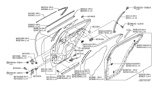 2011 Infiniti G25 Rear Door Panel & Fitting Diagram