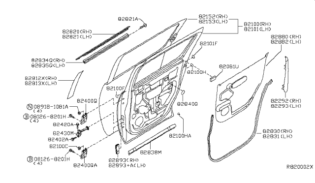 2008 Infiniti QX56 Rear Door Panel & Fitting Diagram 1