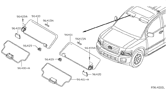 2006 Infiniti QX56 Driver Sun Visor Assembly Diagram for 96401-7S063