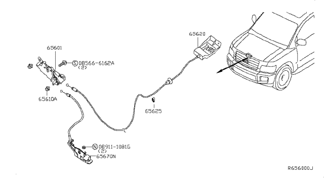 2007 Infiniti QX56 Hood Lock Control Cable Assembly Diagram for 65621-ZR00A