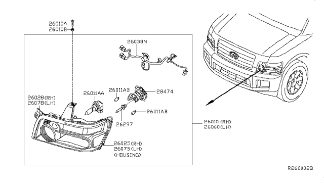 2005 Infiniti QX56 Headlamp Housing Assembly, Right Diagram for 26025-ZC20A