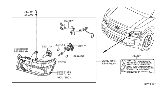 2010 Infiniti QX56 Left Headlight Assembly Diagram for 26060-ZC50A