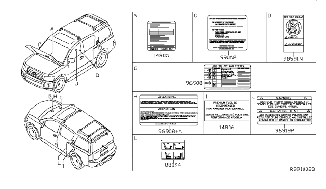 2008 Infiniti QX56 Caution Plate & Label Diagram 1