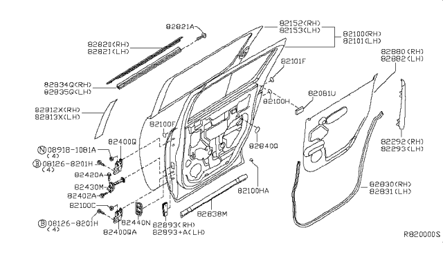 2006 Infiniti QX56 Rear Door Panel & Fitting Diagram