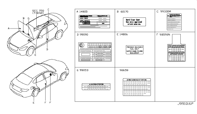 2017 Infiniti Q70 Hybrid Caution Plate & Label Diagram