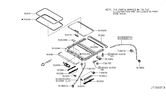 2015 Infiniti Q70 Rail Assy-Sunroof Diagram for 91350-1PM3B