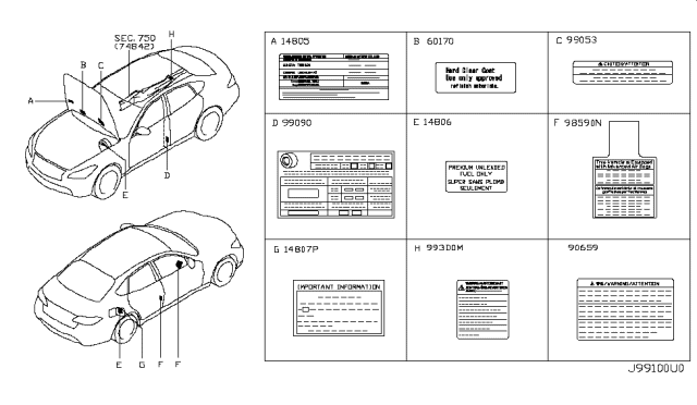 2014 Infiniti Q70 Hybrid Caution Plate & Label Diagram 1