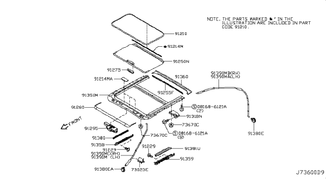 2012 Infiniti M35h Lid Assy-Sunroof,Slide Diagram for 91210-1MA1A