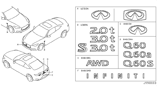 2017 Infiniti Q60 Radiator Grille Emblem Diagram for 62890-5CA0A