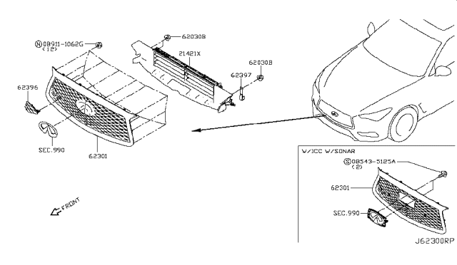 2018 Infiniti Q60 Front Grille Assembly Diagram for 62310-5CR0A