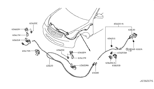 2009 Infiniti EX35 Hood Lock Control Cable Assembly Diagram for 65620-1BN1A