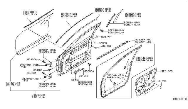 2013 Infiniti EX37 Front Door Panel & Fitting Diagram 1