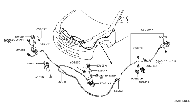 2016 Infiniti QX50 Hood Lock Control Cable Assembly Diagram for 65620-1BA1B