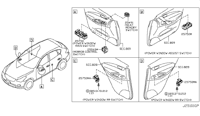 2009 Infiniti EX35 Main Power Window Switch Assembly Diagram for 25401-1BA0E