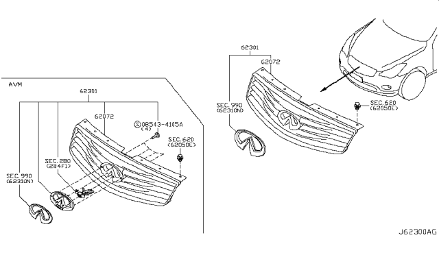 2012 Infiniti EX35 Front Bumper Grille, Center Diagram for 62072-1BA0A