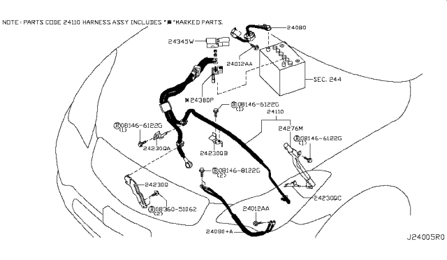 2008 Infiniti EX35 Cable Assy-Battery To Starter Motor Diagram for 24105-JK600