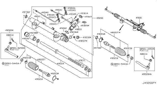 2011 Infiniti EX35 Power Steering Rack Assembly Diagram for 49271-1BA1A