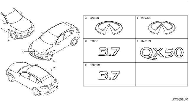 2014 Infiniti QX50 Radiator Grille Emblem Diagram for 62890-1BA0A