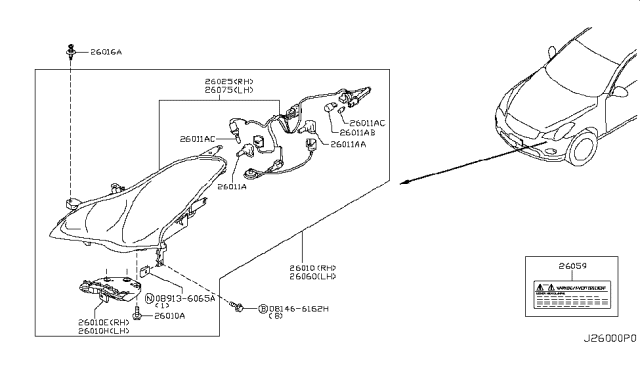 2009 Infiniti EX35 Left Headlight Assembly Diagram for 26060-1BA1B