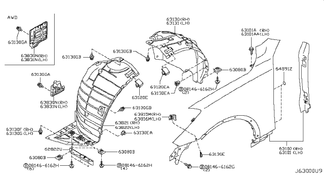 2017 Infiniti QX50 Protector-Front Fender,Front LH Diagram for 63845-1BA0A