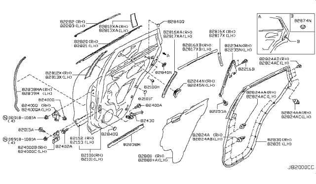 2014 Infiniti QX50 Rear Door Panel & Fitting Diagram
