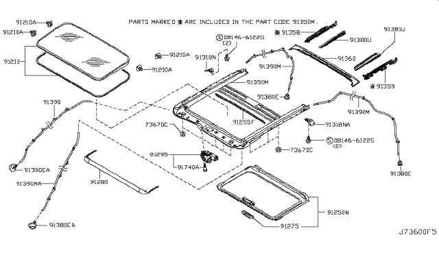 2017 Infiniti QX50 Rail Assy-Sunroof Diagram for 91350-1UR0A