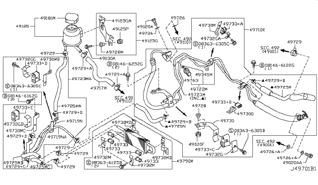 2010 Infiniti EX35 Power Steering Hose & Tube Set Diagram for 49710-1BA1B