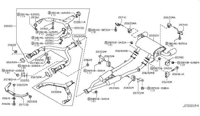 2014 Infiniti Q60 Front Exhaust Tube Assembly Diagram for 20020-6GA0A