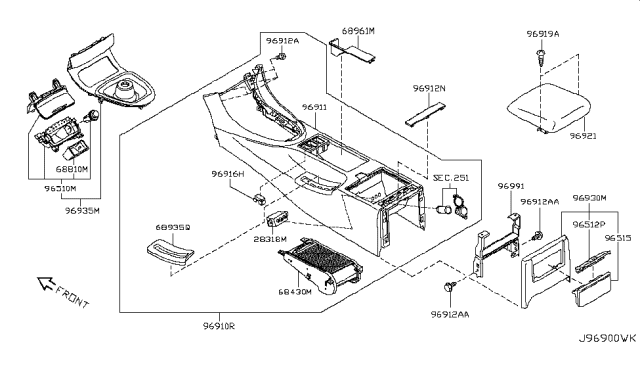 2014 Infiniti Q60 Console Assembly Center Diagram for 96910-3WJ7C