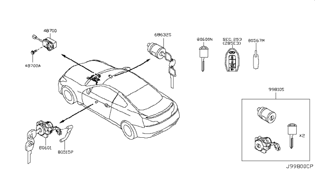 2010 Infiniti G37 Key Set Diagram for 99810-1NL0A