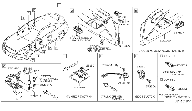 2009 Infiniti G37 Switch Assy-Mirror Control Diagram for 25570-1BA1A