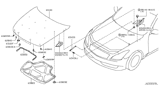 2008 Infiniti G37 Hinge Assembly - Hood, LH Diagram for 65401-JL00B